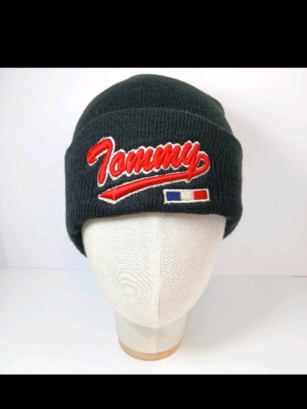 90s Tommy Hilfiger Black Beanie with Red Script Logo Embroidered